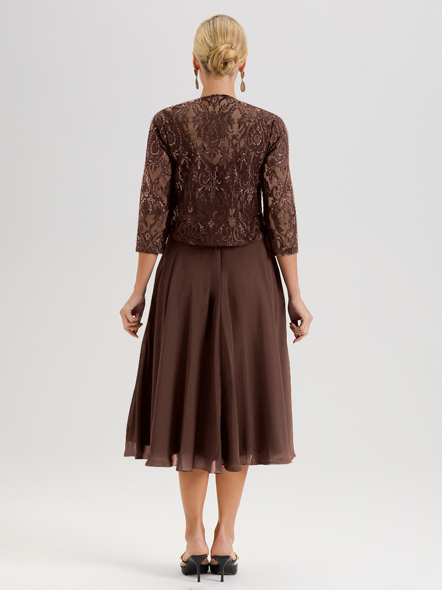 Cicinia Robe Deux-Pièces Mère De La Mariée Chocolat Trapèze Mousseline Dentelle Col Rond Manche 3/4 Longueur Mi-Mollet