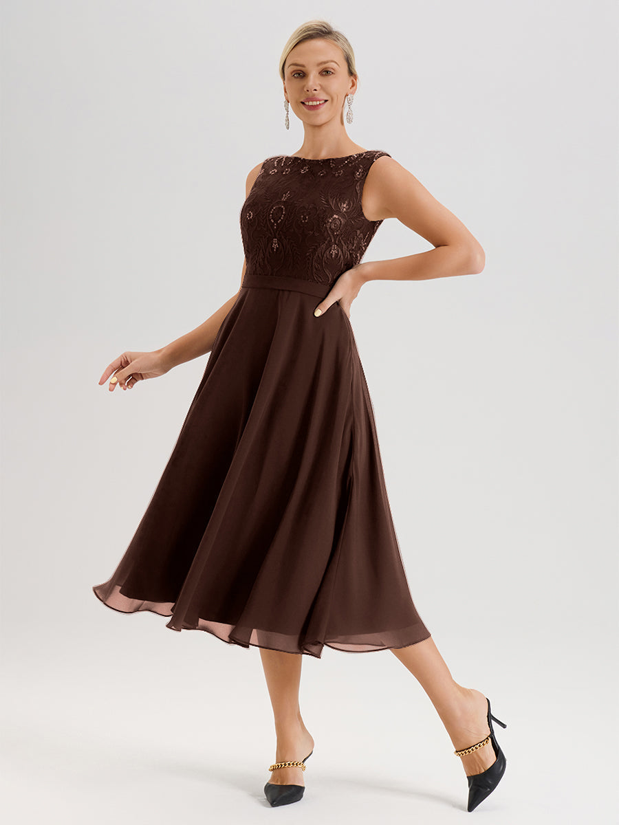Cicinia Robe Deux-Pièces Mère De La Mariée Chocolat Trapèze Mousseline Dentelle Col Rond Manche 3/4 Longueur Mi-Mollet