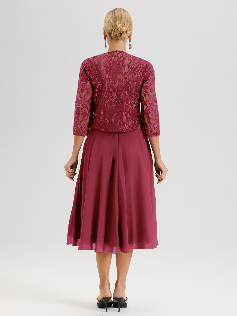 Cicinia Robe Deux-Pièces Mère De La Mariée Rose Cannelle Trapèze Mousseline Dentelle Col Rond Manche 3/4 Longueur Mi-Mollet