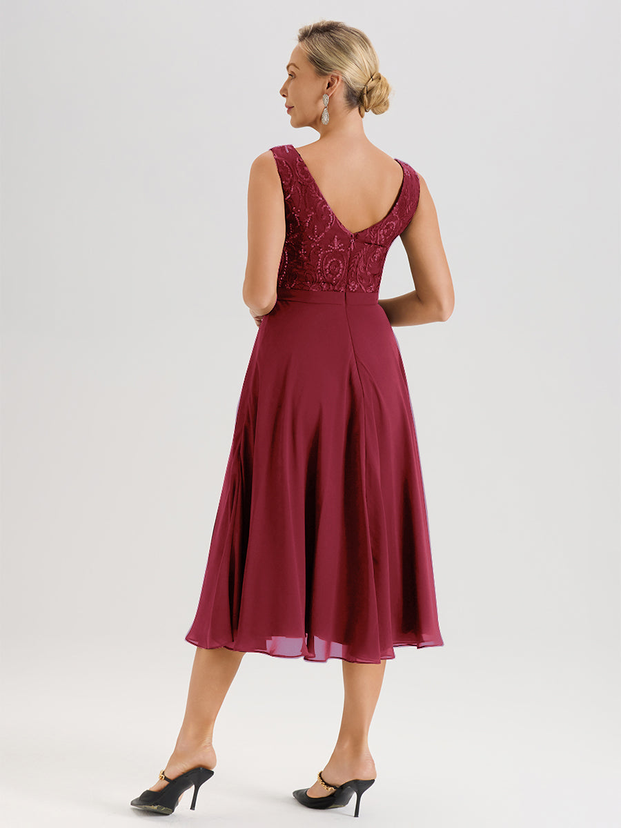 Cicinia Robe Deux-Pièces Mère De La Mariée Rose Cannelle Trapèze Mousseline Dentelle Col Rond Manche 3/4 Longueur Mi-Mollet