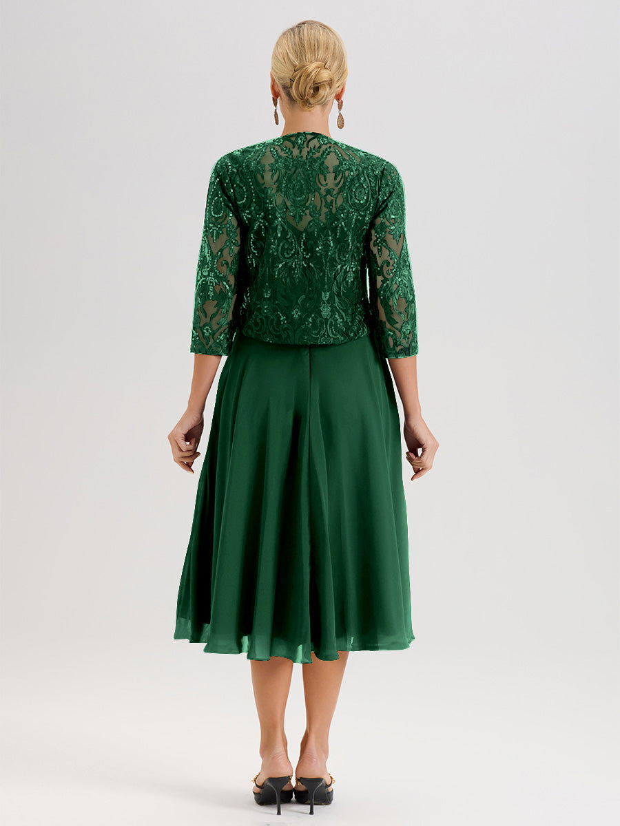 Cicinia Robe Deux-Pièces Mère De La Mariée Vert Foncé Trapèze Mousseline Dentelle Col Rond Manche 3/4 Longueur Mi-Mollet