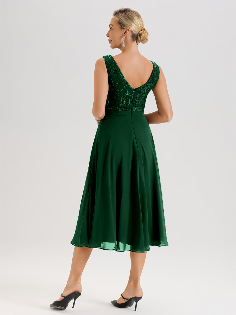 Cicinia Robe Deux-Pièces Mère De La Mariée Vert Foncé Trapèze Mousseline Dentelle Col Rond Manche 3/4 Longueur Mi-Mollet