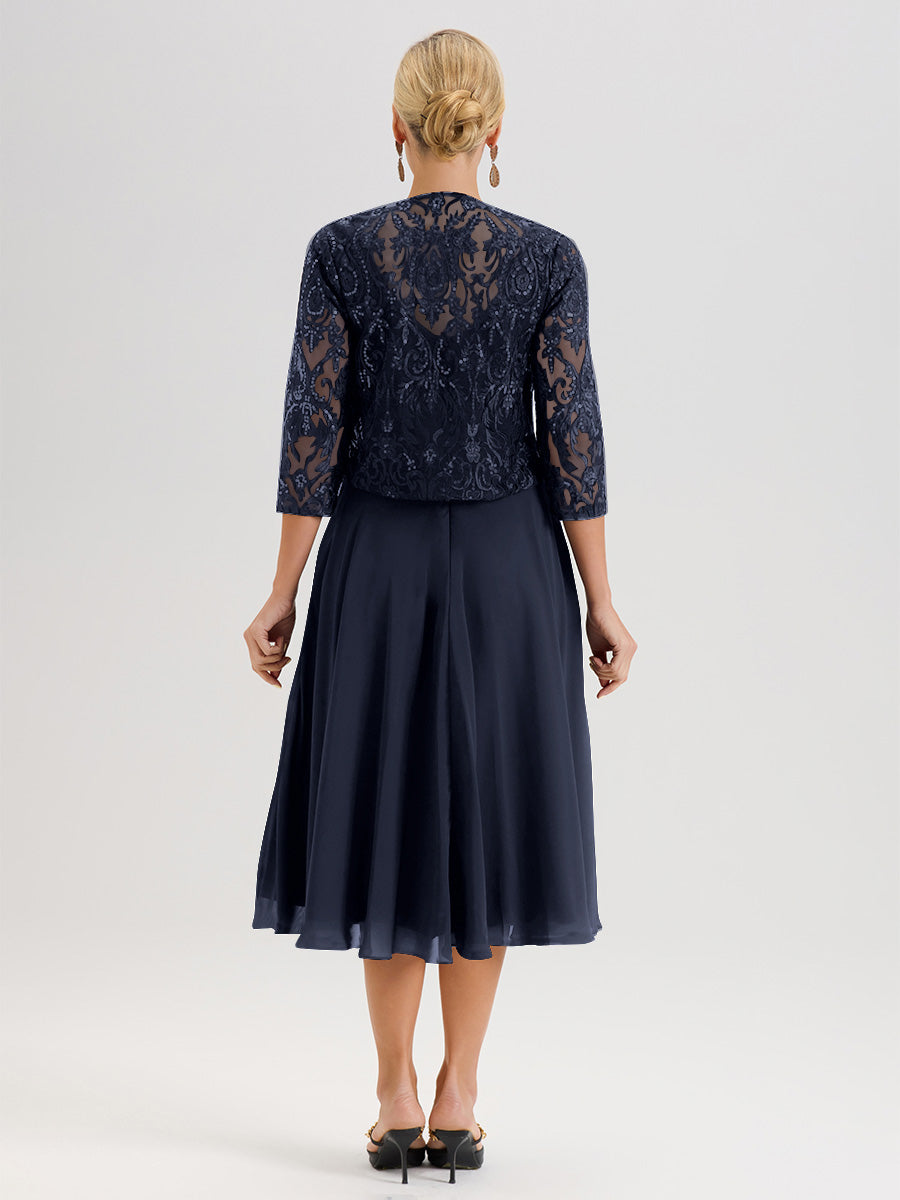 Cicinia Robe Deux-Pièces Mère De La Mariée Bleu Marine Trapèze Mousseline Dentelle Col Rond Manche 3/4 Longueur Mi-Mollet