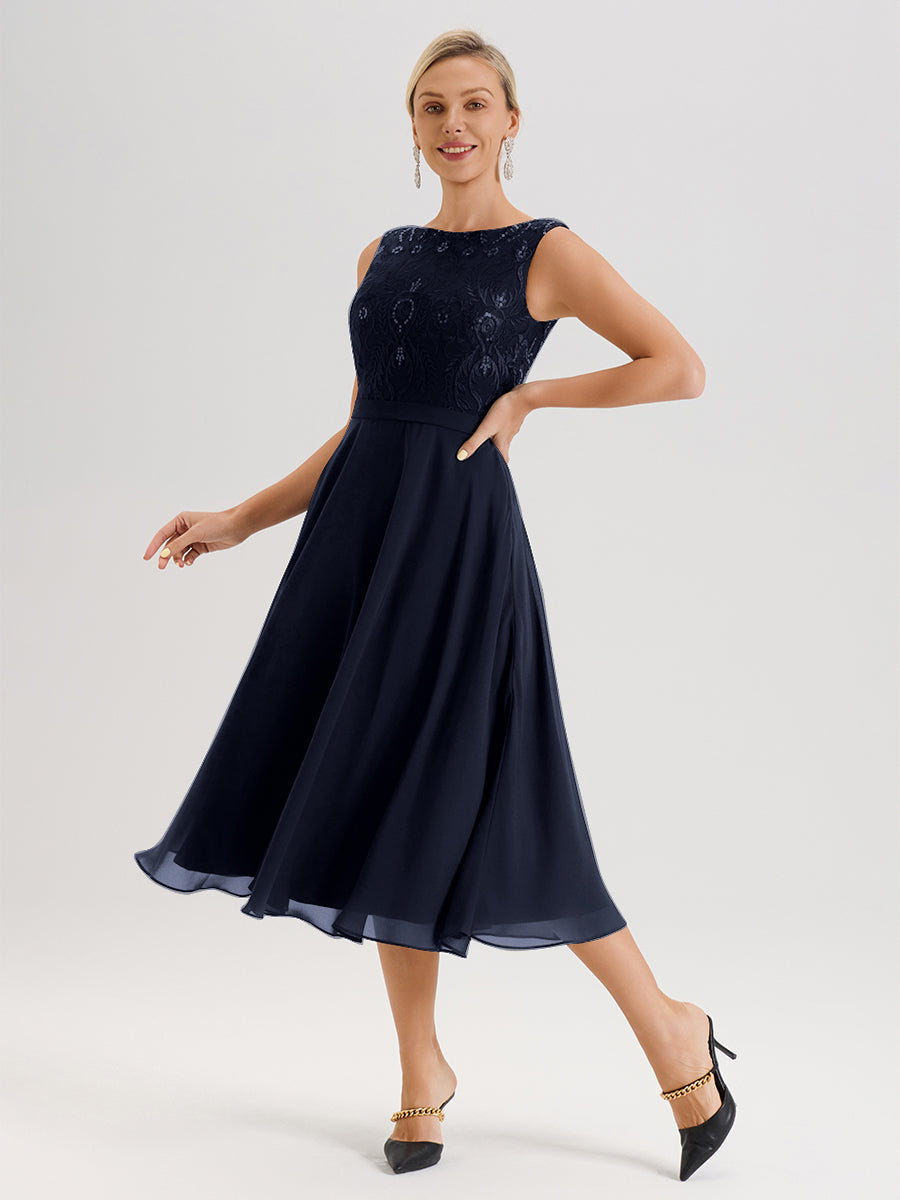 Cicinia Robe Deux-Pièces Mère De La Mariée Bleu Marine Trapèze Mousseline Dentelle Col Rond Manche 3/4 Longueur Mi-Mollet
