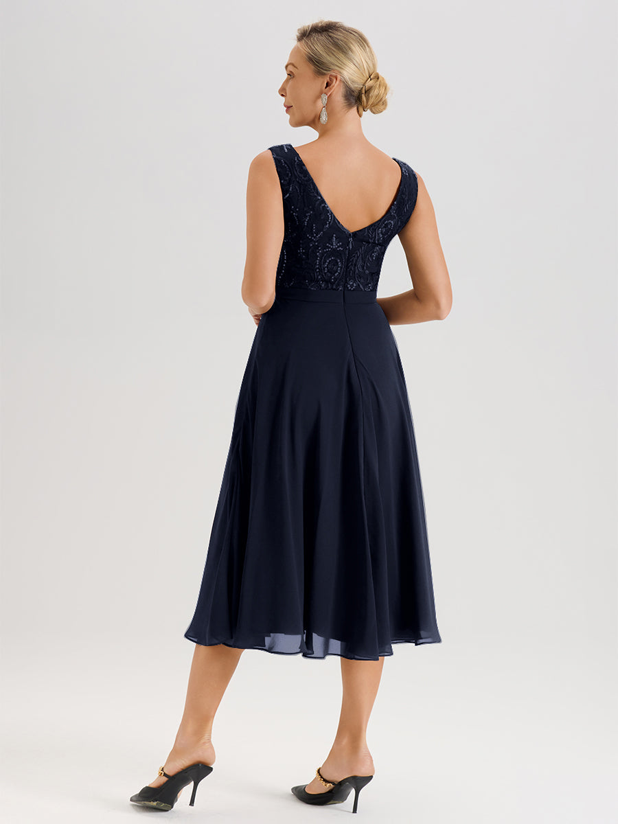 Cicinia Robe Deux-Pièces Mère De La Mariée Bleu Marine Trapèze Mousseline Dentelle Col Rond Manche 3/4 Longueur Mi-Mollet