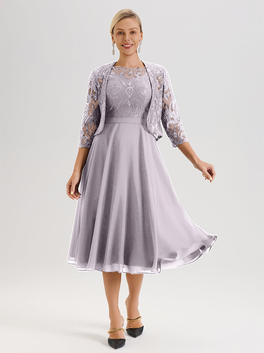 Cicinia Robe Deux-Pièces Mère De La Mariée Crépuscule Trapèze Mousseline Dentelle Col Rond Manche 3/4 Longueur Mi-Mollet
