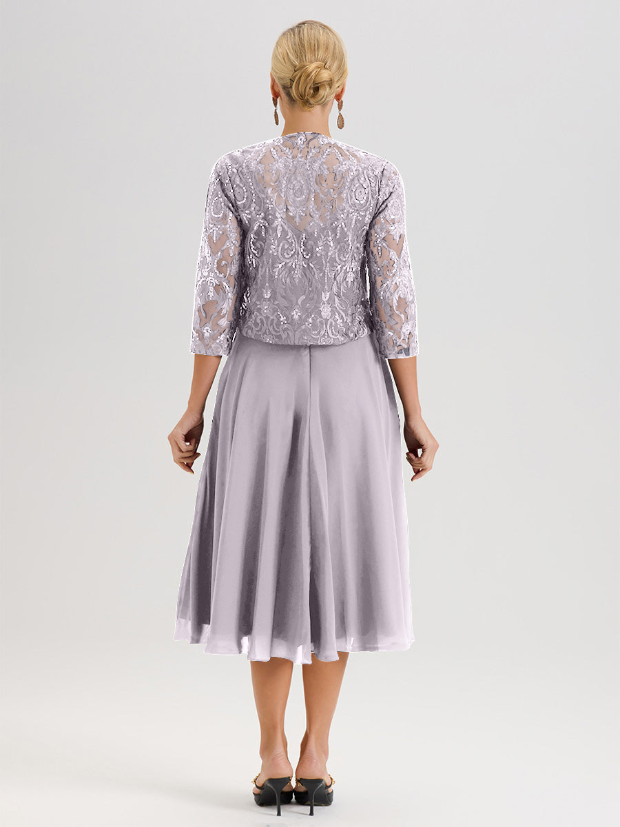 Cicinia Robe Deux-Pièces Mère De La Mariée Crépuscule Trapèze Mousseline Dentelle Col Rond Manche 3/4 Longueur Mi-Mollet