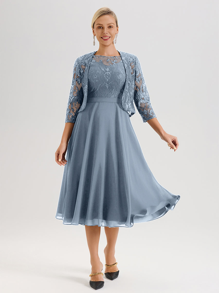 Cicinia Robe Deux-Pièces Mère De La Mariée Bleu Poussiéreux Trapèze Mousseline Dentelle Col Rond Manche 3/4 Longueur Mi-Mollet