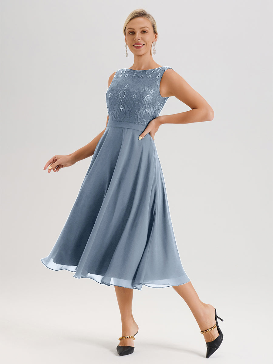 Cicinia Robe Deux-Pièces Mère De La Mariée Bleu Poussiéreux Trapèze Mousseline Dentelle Col Rond Manche 3/4 Longueur Mi-Mollet