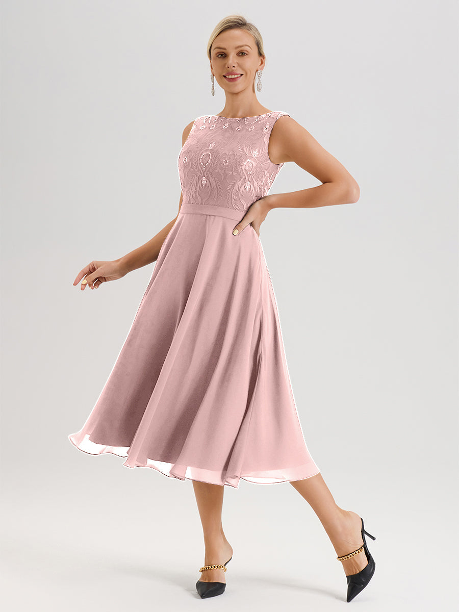 Cicinia Robe Deux-Pièces Mère De La Mariée Rose Poudrée Trapèze Mousseline Dentelle Col Rond Manche 3/4 Longueur Mi-Mollet