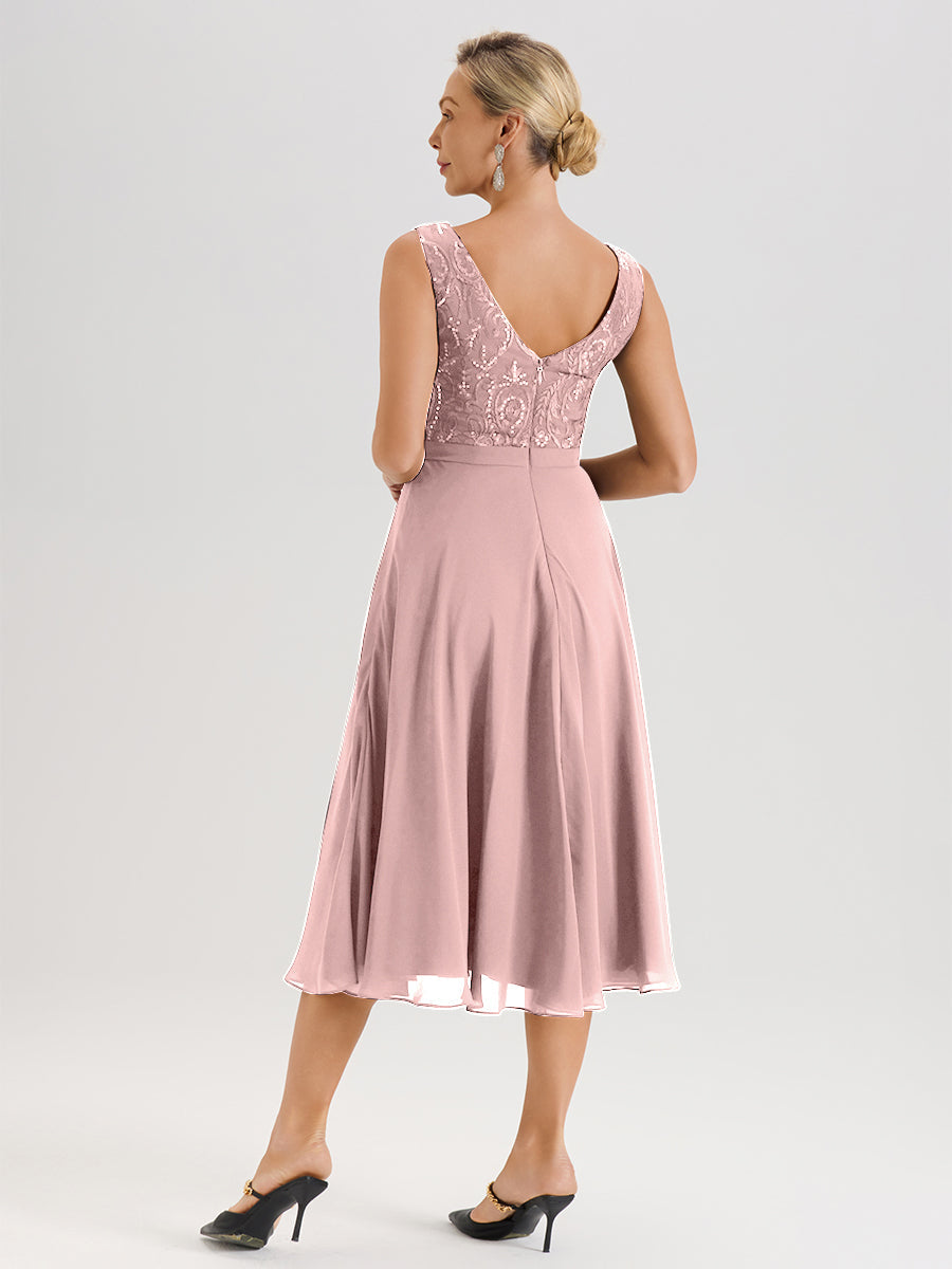 Cicinia Robe Deux-Pièces Mère De La Mariée Rose Poudrée Trapèze Mousseline Dentelle Col Rond Manche 3/4 Longueur Mi-Mollet