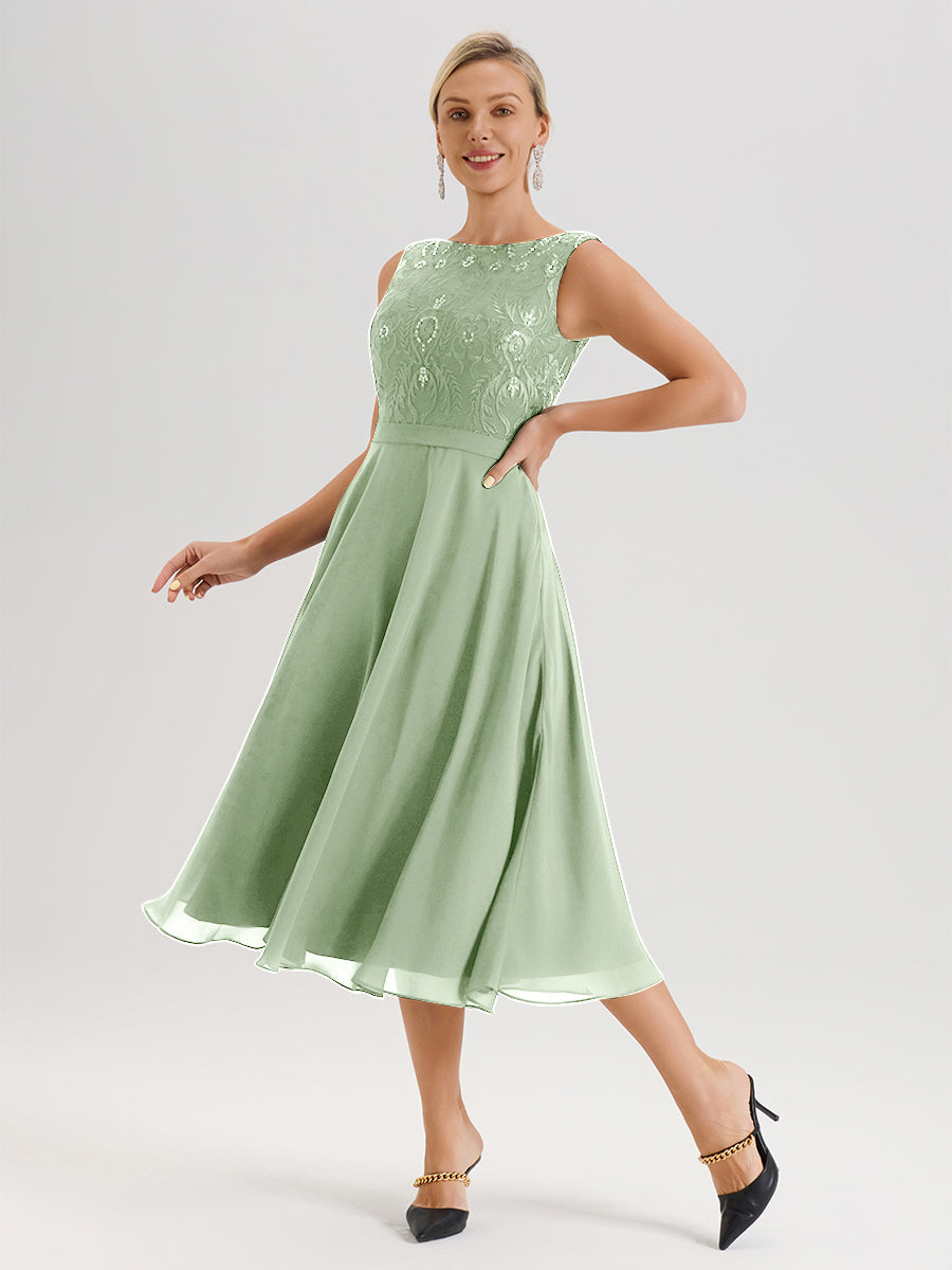 Cicinia Robe Deux-Pièces Mère De La Mariée De Sauge Poussiéreux Trapèze Mousseline Dentelle Col Rond Manche 3/4 Longueur Mi-Mollet