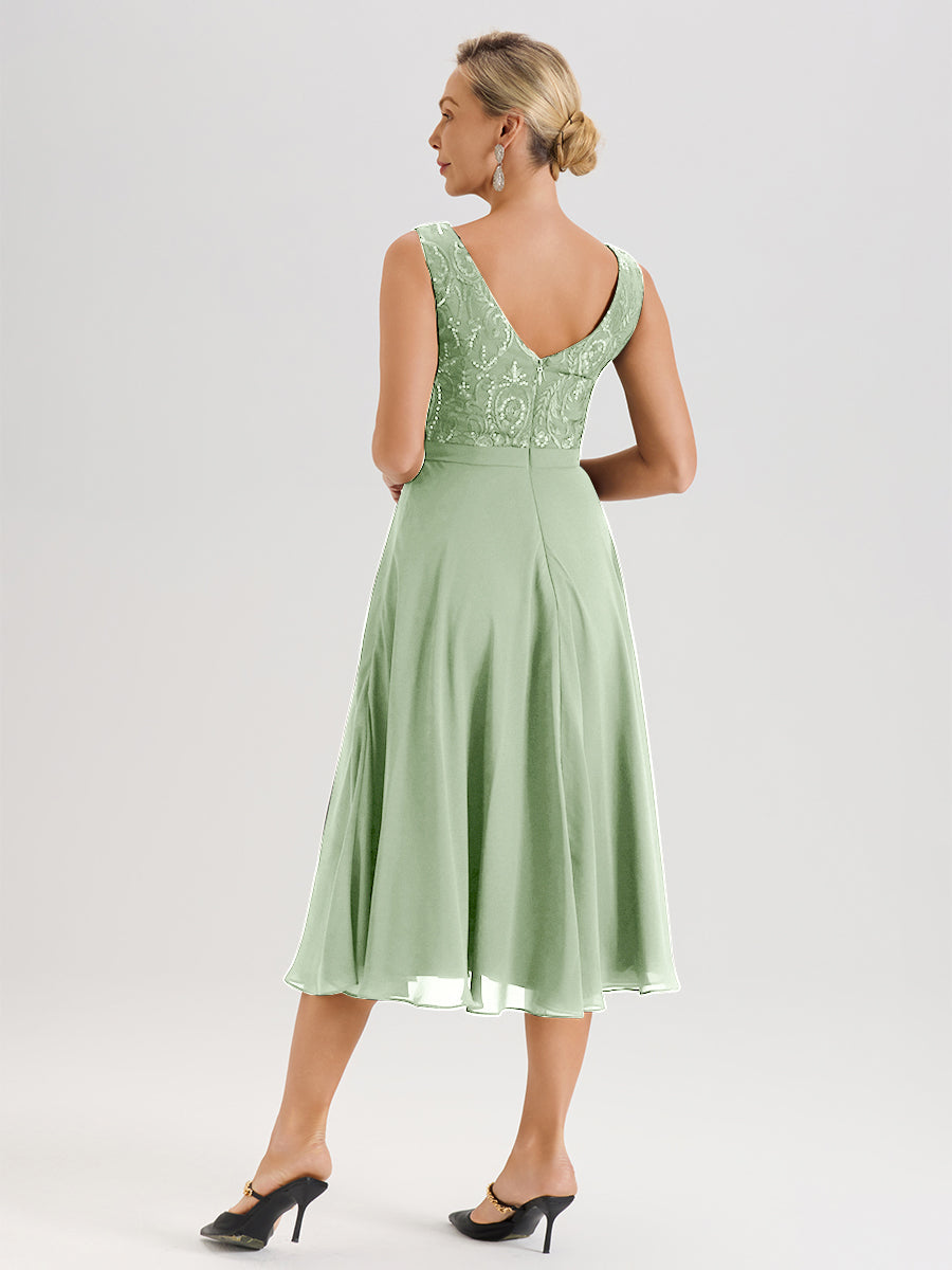 Cicinia Robe Deux-Pièces Mère De La Mariée De Sauge Poussiéreux Trapèze Mousseline Dentelle Col Rond Manche 3/4 Longueur Mi-Mollet