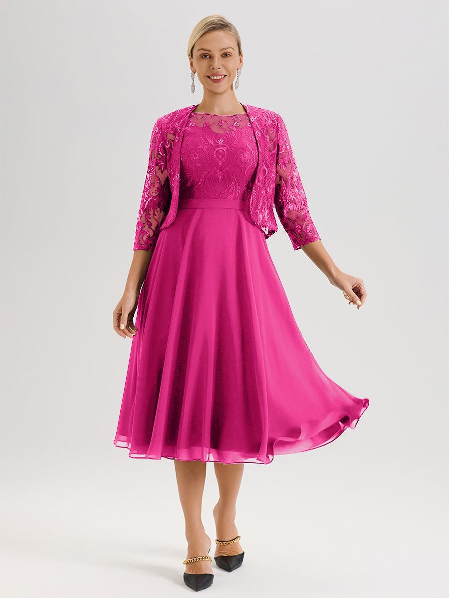 Cicinia Robe Deux-Pièces Mère De La Mariée Fuchsia Trapèze Mousseline Dentelle Col Rond Manche 3/4 Longueur Mi-Mollet