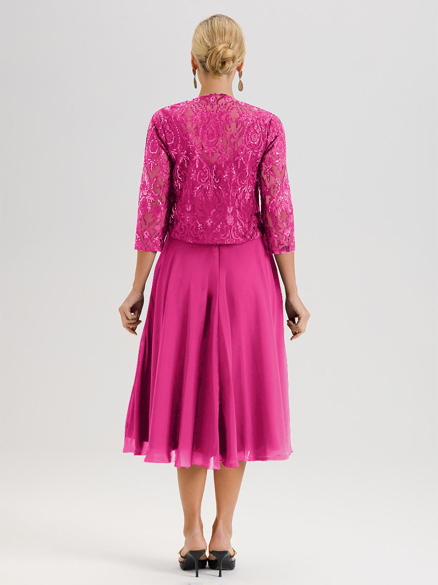 Cicinia Robe Deux-Pièces Mère De La Mariée Fuchsia Trapèze Mousseline Dentelle Col Rond Manche 3/4 Longueur Mi-Mollet