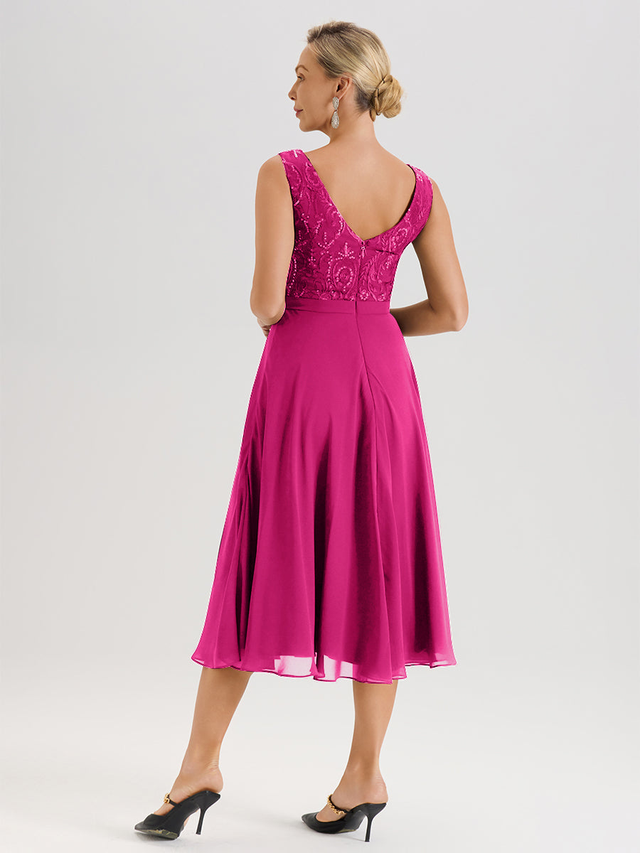 Cicinia Robe Deux-Pièces Mère De La Mariée Fuchsia Trapèze Mousseline Dentelle Col Rond Manche 3/4 Longueur Mi-Mollet