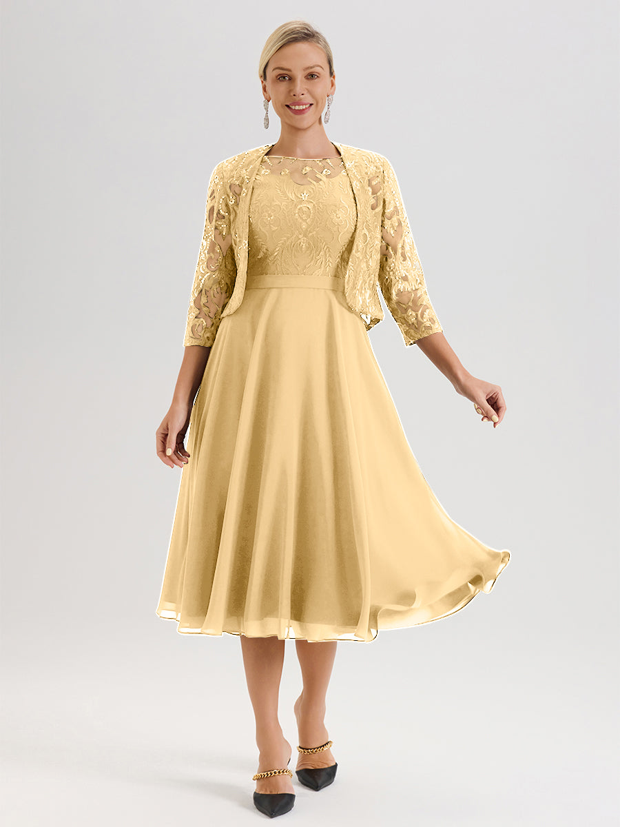 Cicinia Robe Deux-Pièces Mère De La Mariée Dorée Trapèze Mousseline Dentelle Col Rond Manche 3/4 Longueur Mi-Mollet