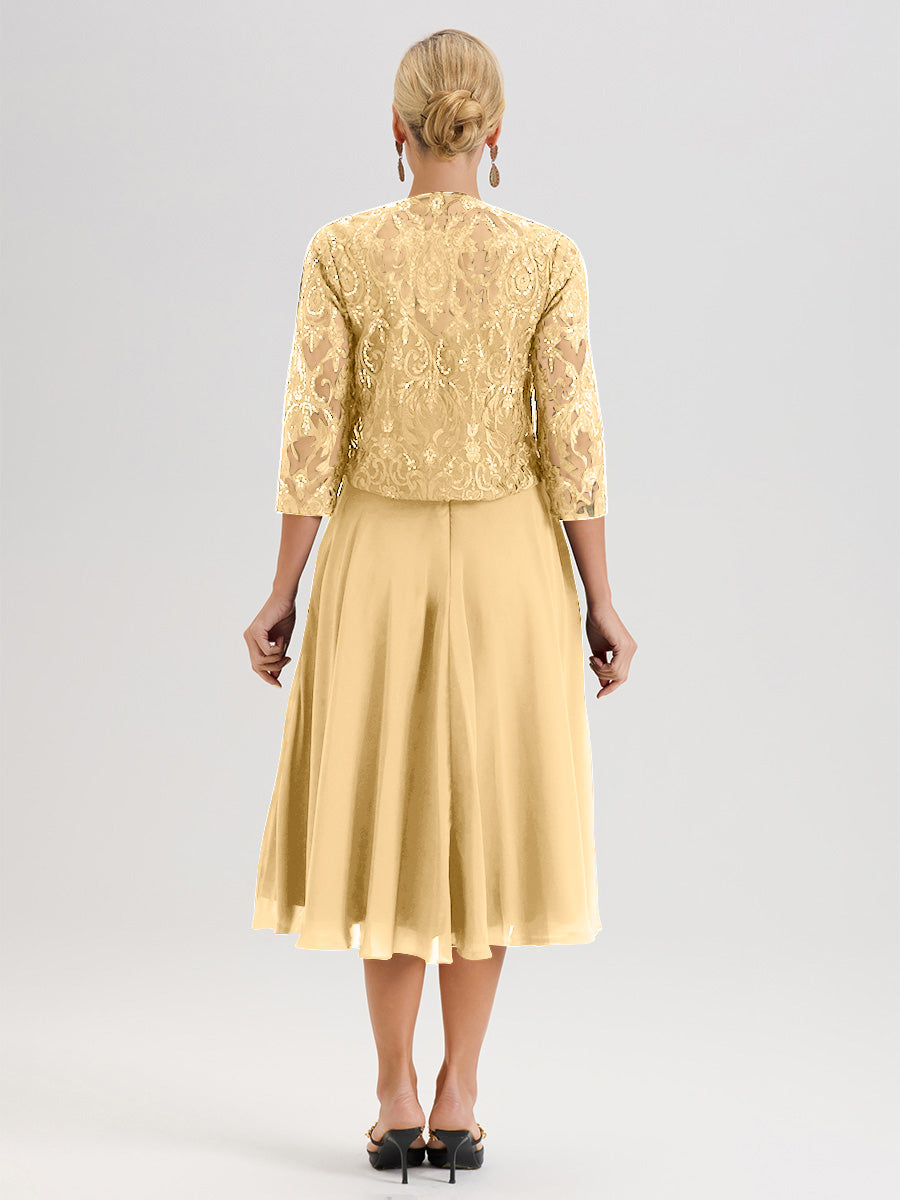 Cicinia Robe Deux-Pièces Mère De La Mariée Dorée Trapèze Mousseline Dentelle Col Rond Manche 3/4 Longueur Mi-Mollet