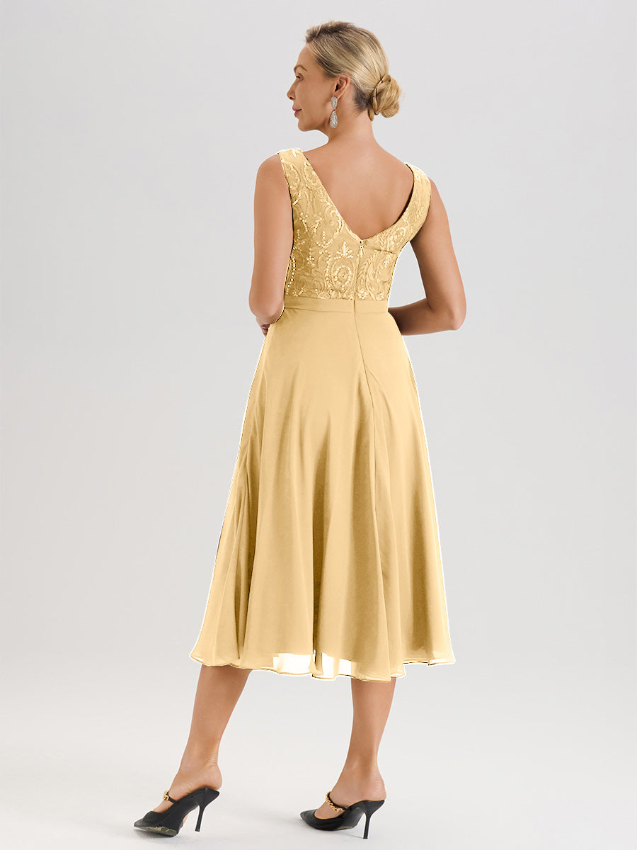 Cicinia Robe Deux-Pièces Mère De La Mariée Dorée Trapèze Mousseline Dentelle Col Rond Manche 3/4 Longueur Mi-Mollet