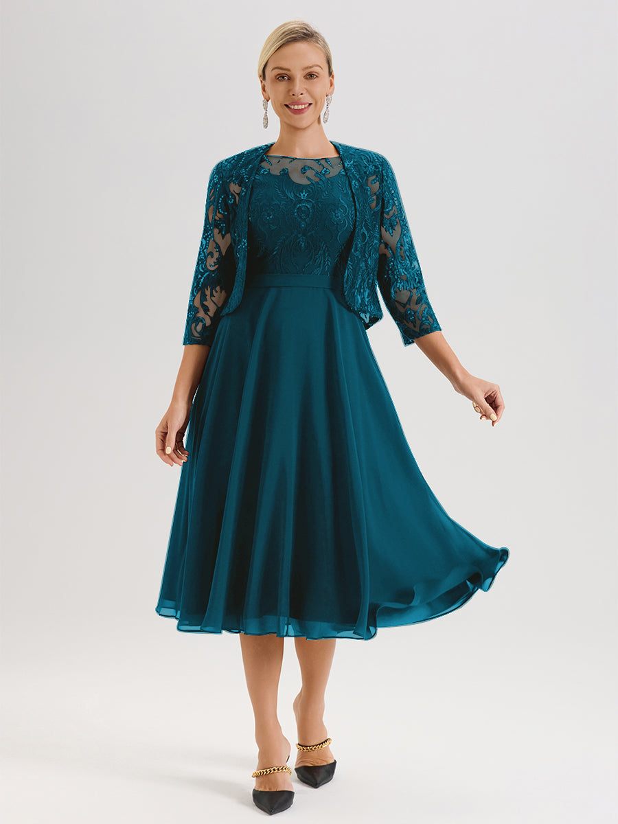 Cicinia Robe Deux-Pièces Mère De La Mariée Bleu Encre Trapèze Mousseline Dentelle Col Rond Manche 3/4 Longueur Mi-Mollet