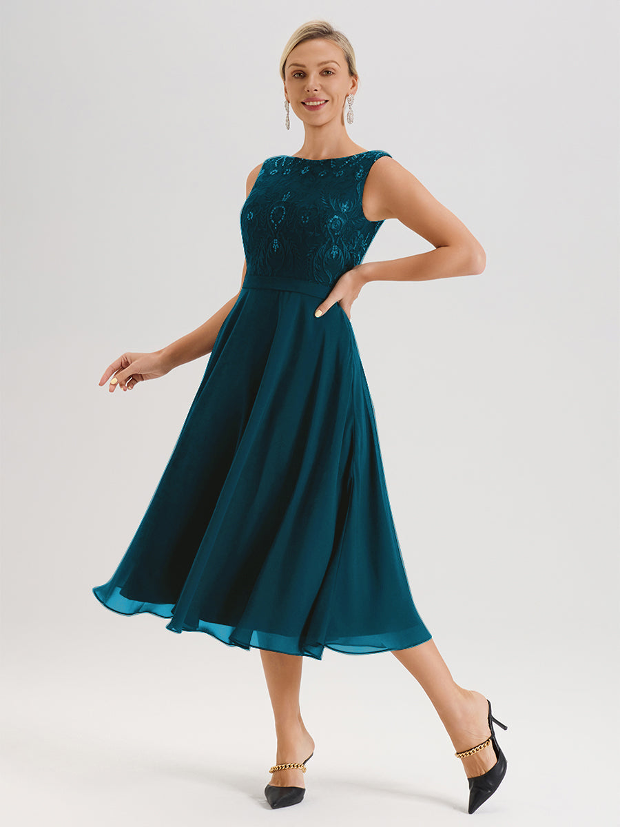 Cicinia Robe Deux-Pièces Mère De La Mariée Bleu Encre Trapèze Mousseline Dentelle Col Rond Manche 3/4 Longueur Mi-Mollet