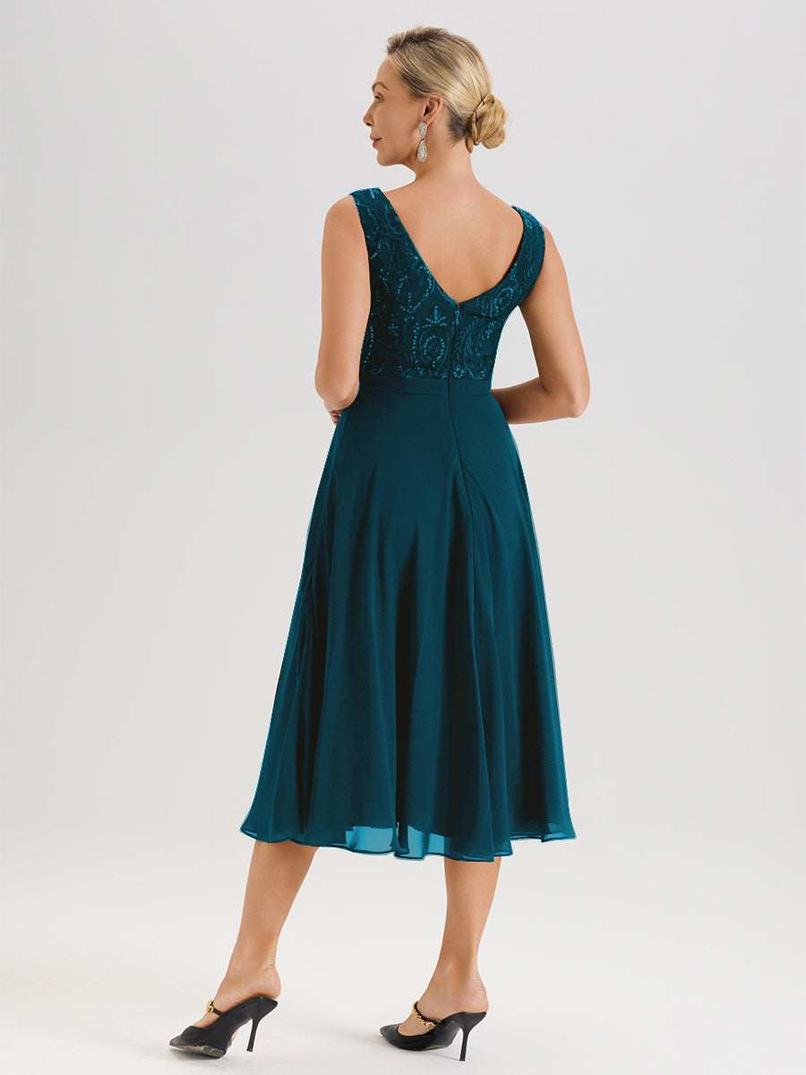 Cicinia Robe Deux-Pièces Mère De La Mariée Bleu Encre Trapèze Mousseline Dentelle Col Rond Manche 3/4 Longueur Mi-Mollet