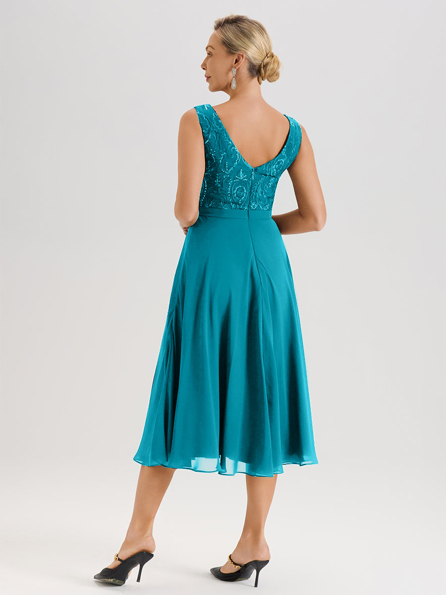 Cicinia Robe Deux-Pièces Mère De La Mariée Jade Trapèze Mousseline Dentelle Col Rond Manche 3/4 Longueur Mi-Mollet