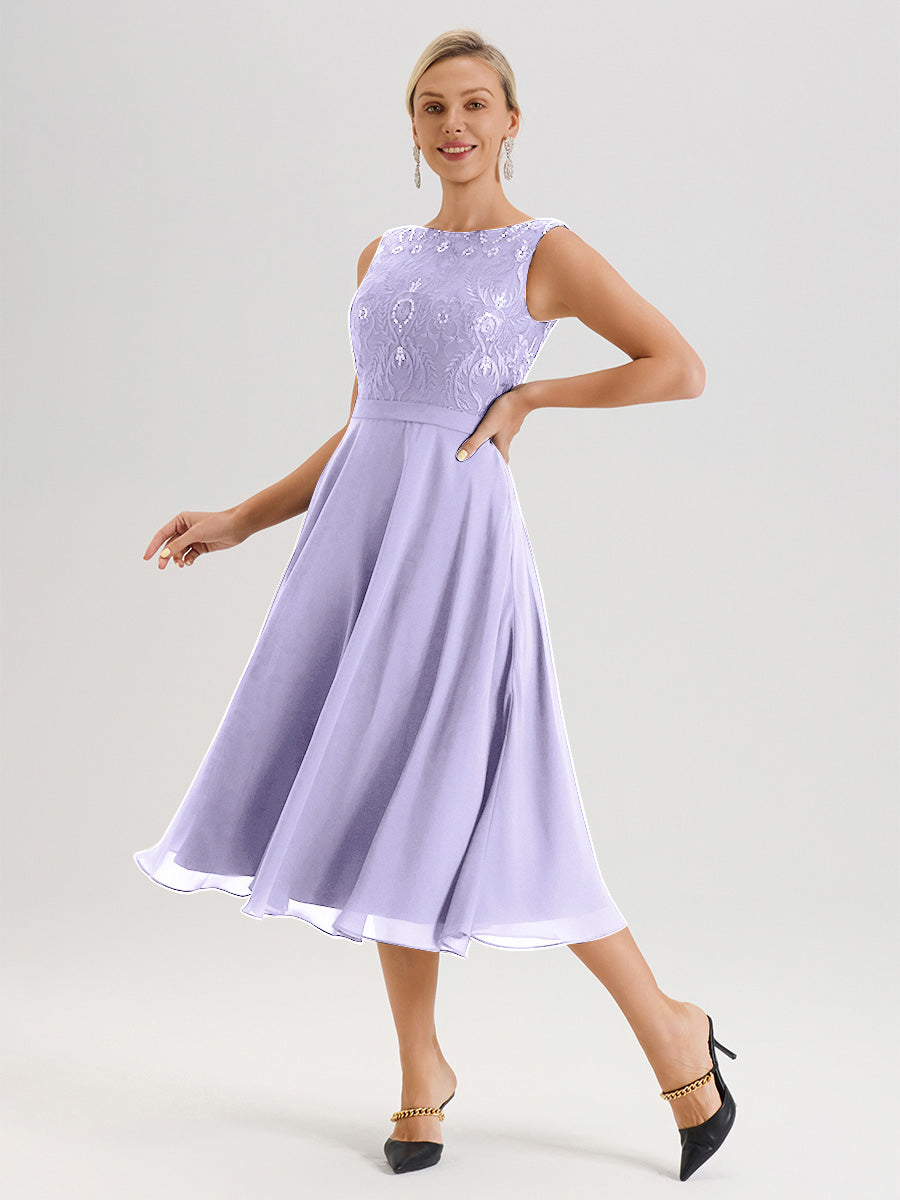 Cicinia Robe Deux-Pièces Mère De La Mariée Lilas Trapèze Mousseline Dentelle Col Rond Manche 3/4 Longueur Mi-Mollet