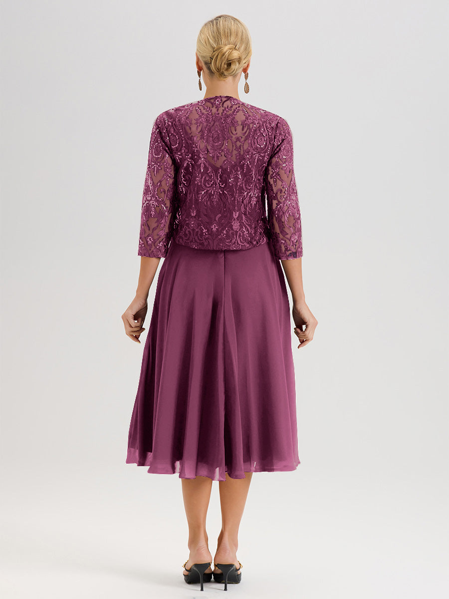 Cicinia Robe Deux-Pièces Mère De La Mariée Mûre Trapèze Mousseline Dentelle Col Rond Manche 3/4 Longueur Mi-Mollet