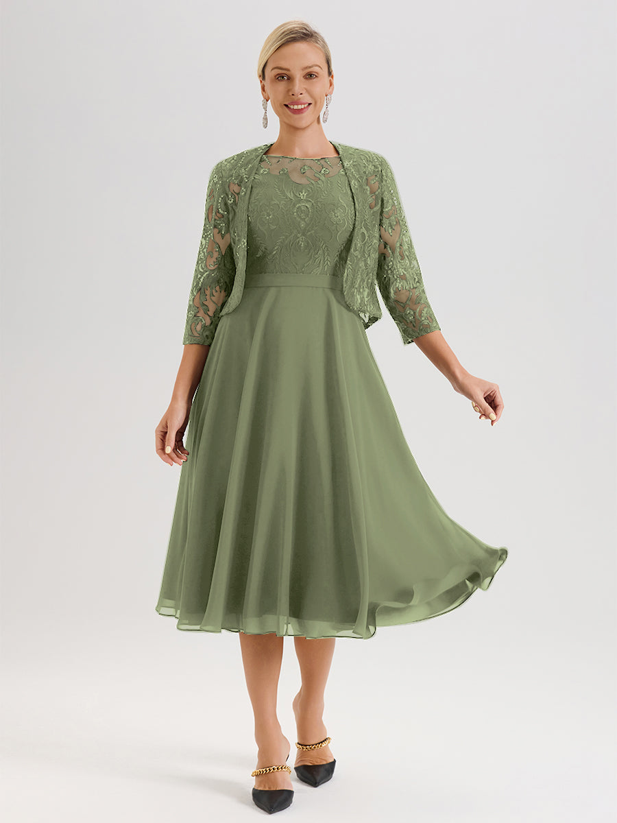 Cicinia Robe Deux-Pièces Mère De La Mariée Vert Olive Trapèze Mousseline Dentelle Col Rond Manche 3/4 Longueur Mi-Mollet