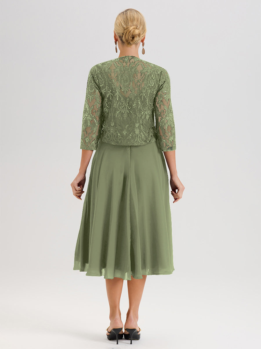 Cicinia Robe Deux-Pièces Mère De La Mariée Vert Olive Trapèze Mousseline Dentelle Col Rond Manche 3/4 Longueur Mi-Mollet