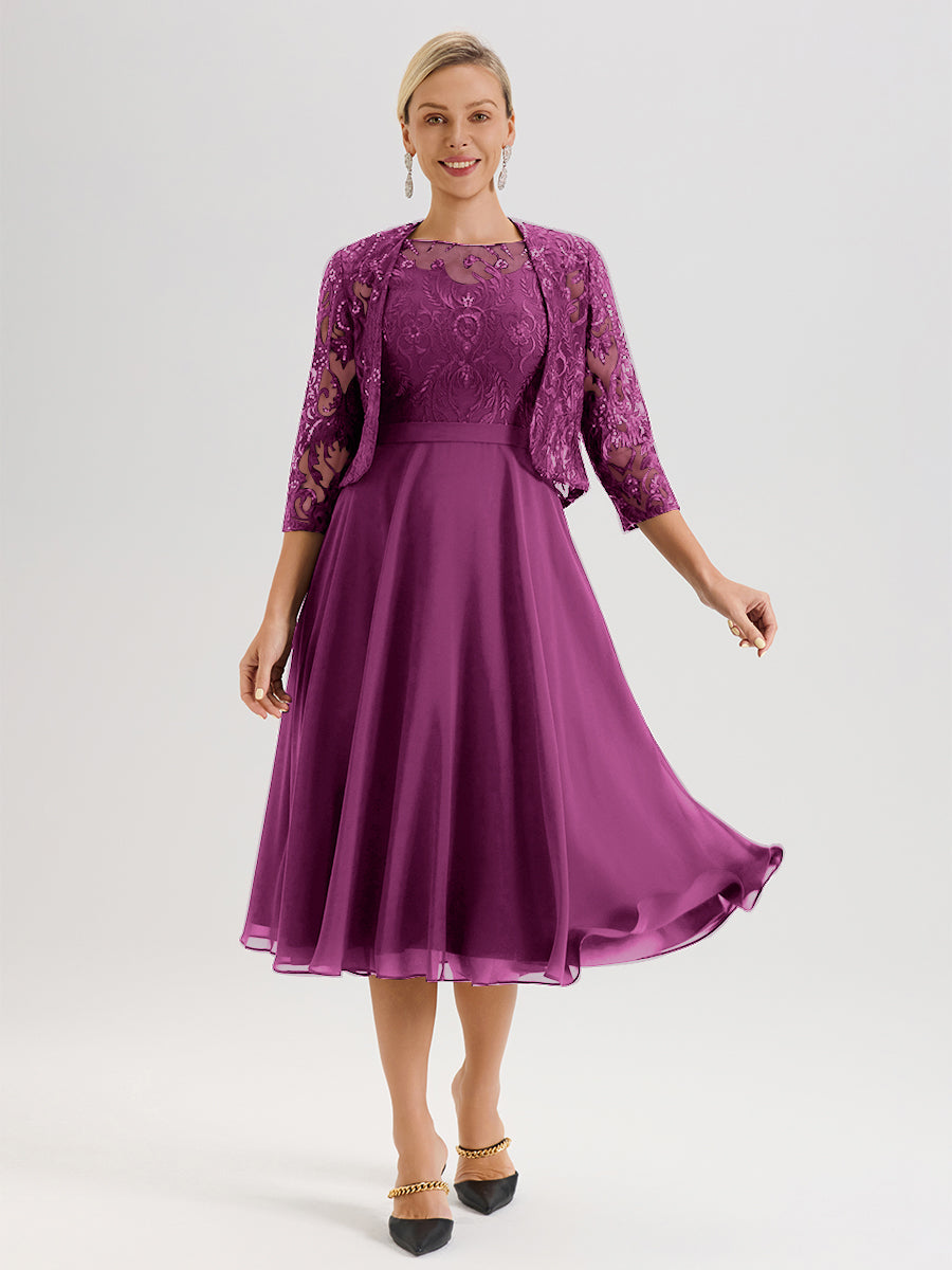 Cicinia Robe Deux-Pièces Mère De La Mariée Orchidée Trapèze Mousseline Dentelle Col Rond Manche 3/4 Longueur Mi-Mollet