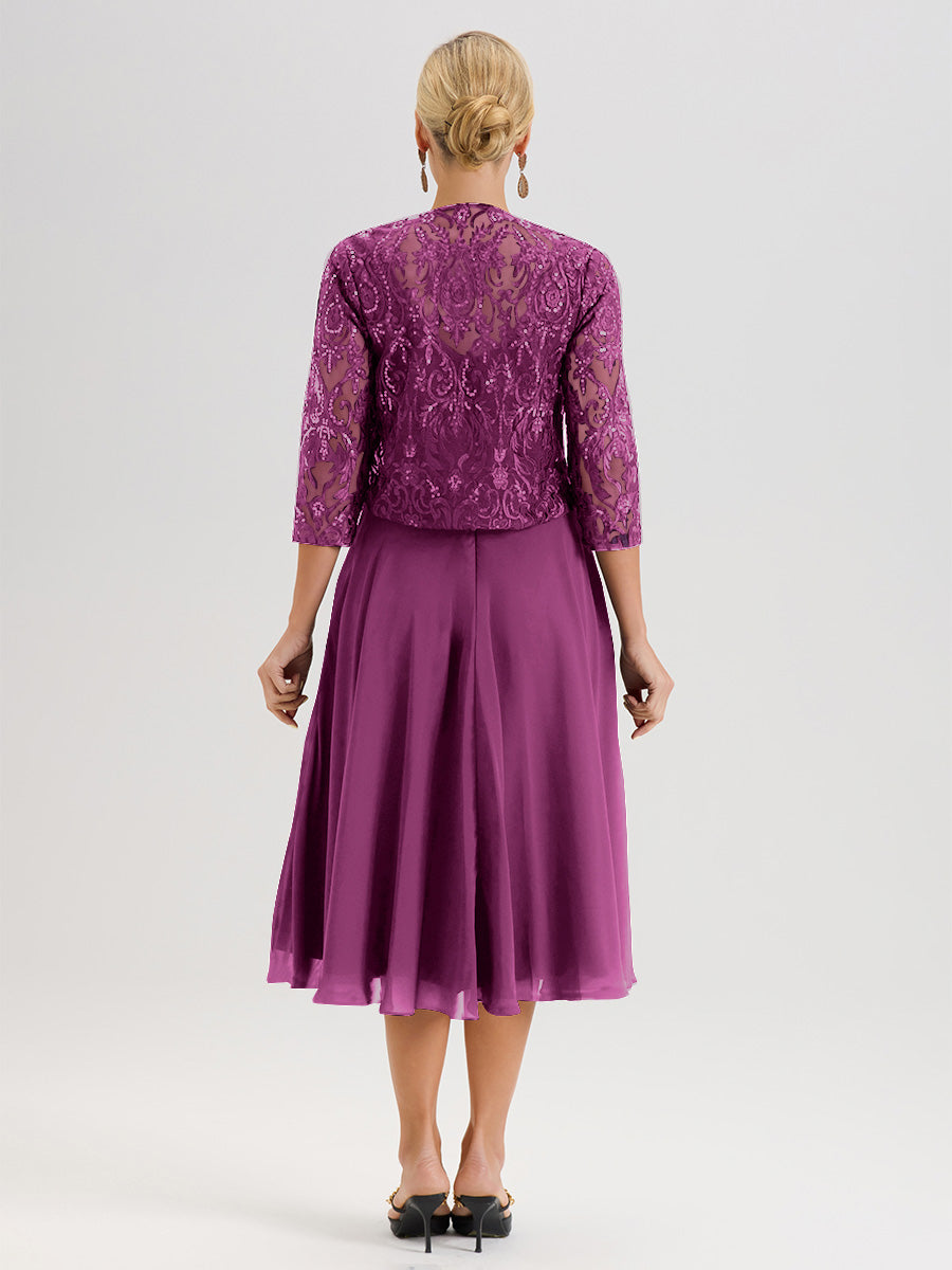 Cicinia Robe Deux-Pièces Mère De La Mariée Orchidée Trapèze Mousseline Dentelle Col Rond Manche 3/4 Longueur Mi-Mollet