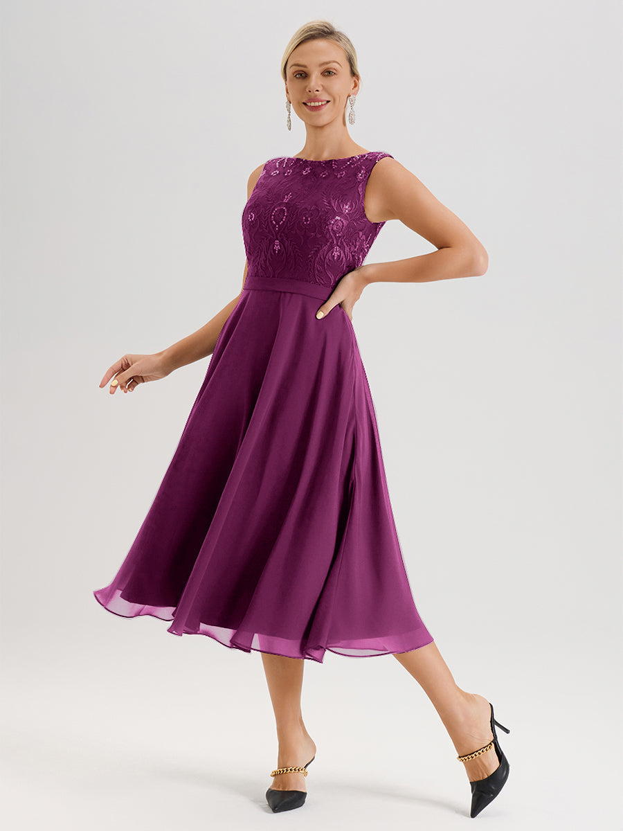 Cicinia Robe Deux-Pièces Mère De La Mariée Orchidée Trapèze Mousseline Dentelle Col Rond Manche 3/4 Longueur Mi-Mollet
