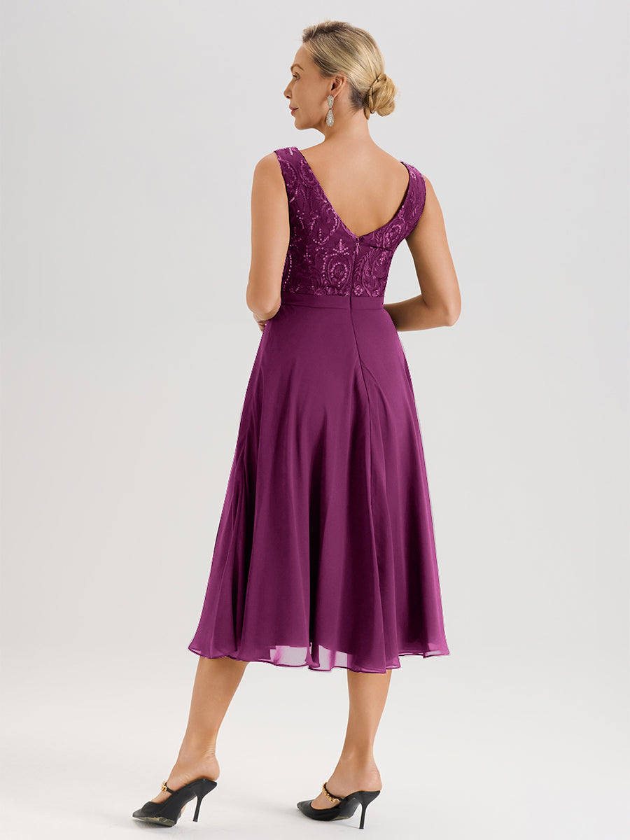 Cicinia Robe Deux-Pièces Mère De La Mariée Orchidée Trapèze Mousseline Dentelle Col Rond Manche 3/4 Longueur Mi-Mollet