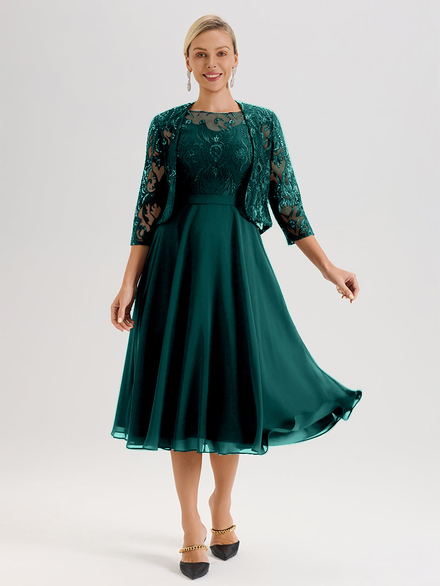 Cicinia Robe Deux-Pièces Mère De La Mariée Bleu Paon Trapèze Mousseline Dentelle Col Rond Manche 3/4 Longueur Mi-Mollet