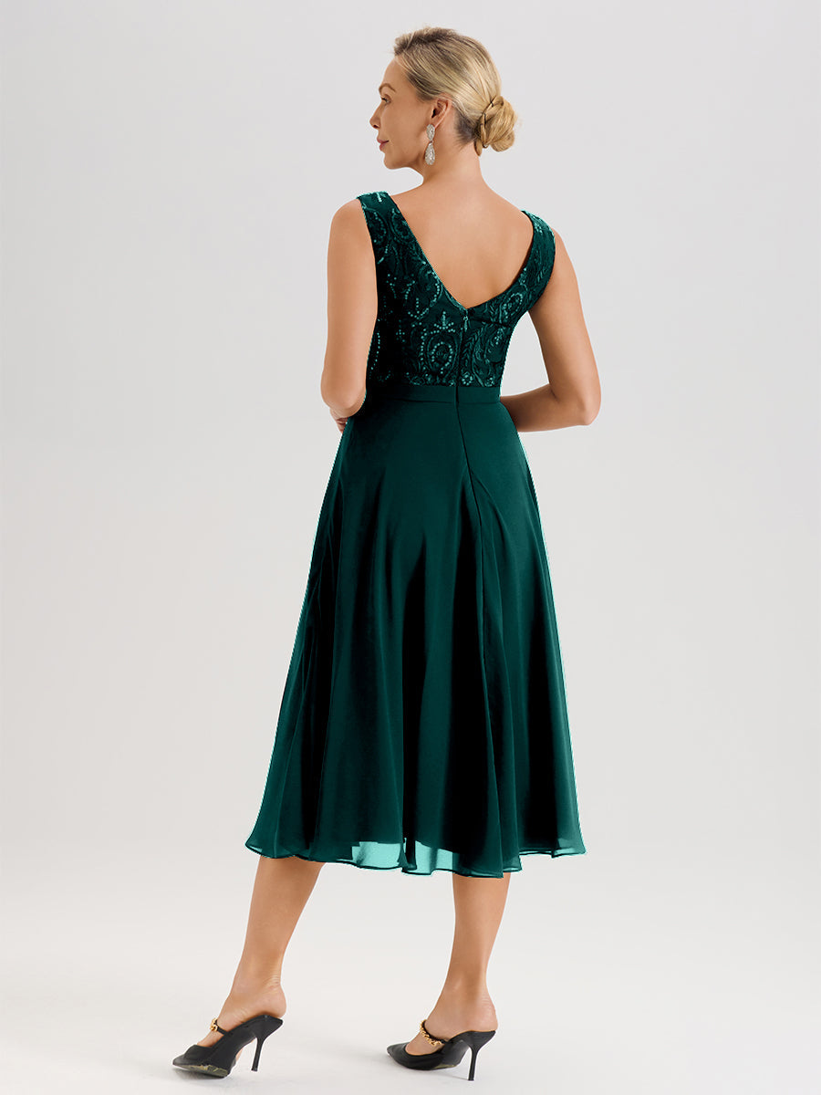 Cicinia Robe Deux-Pièces Mère De La Mariée Bleu Paon Trapèze Mousseline Dentelle Col Rond Manche 3/4 Longueur Mi-Mollet
