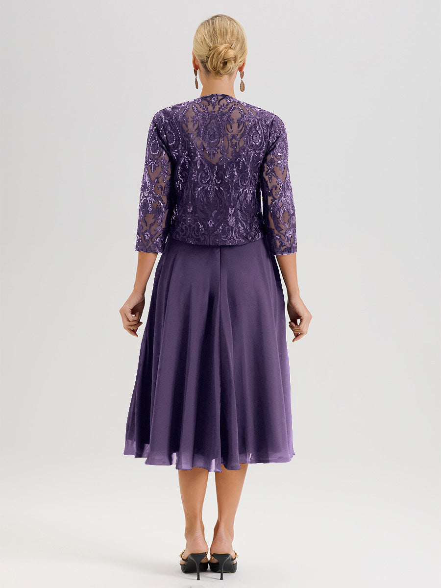 Cicinia Robe Deux-Pièces Mère De La Mariée Plum Trapèze Mousseline Dentelle Col Rond Manche 3/4 Longueur Mi-Mollet
