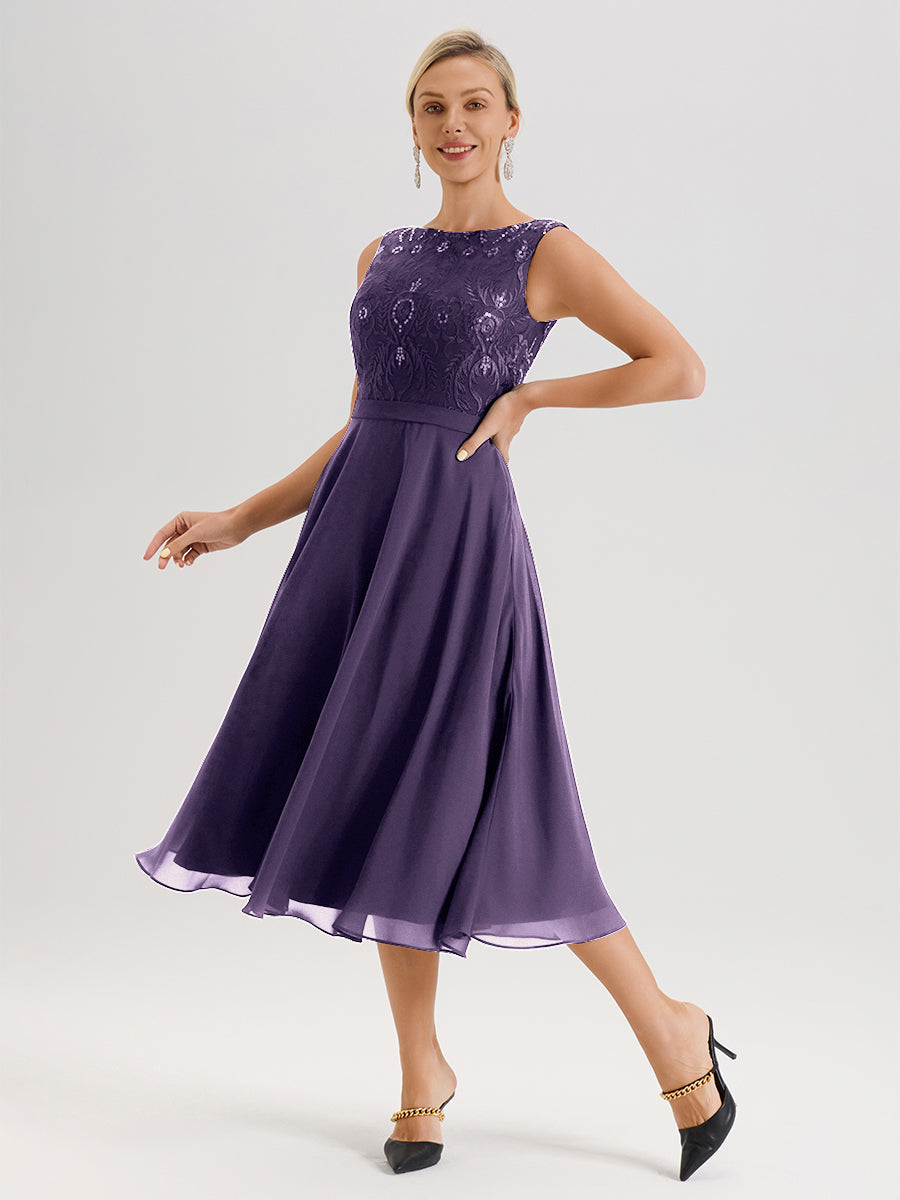 Cicinia Robe Deux-Pièces Mère De La Mariée Plum Trapèze Mousseline Dentelle Col Rond Manche 3/4 Longueur Mi-Mollet