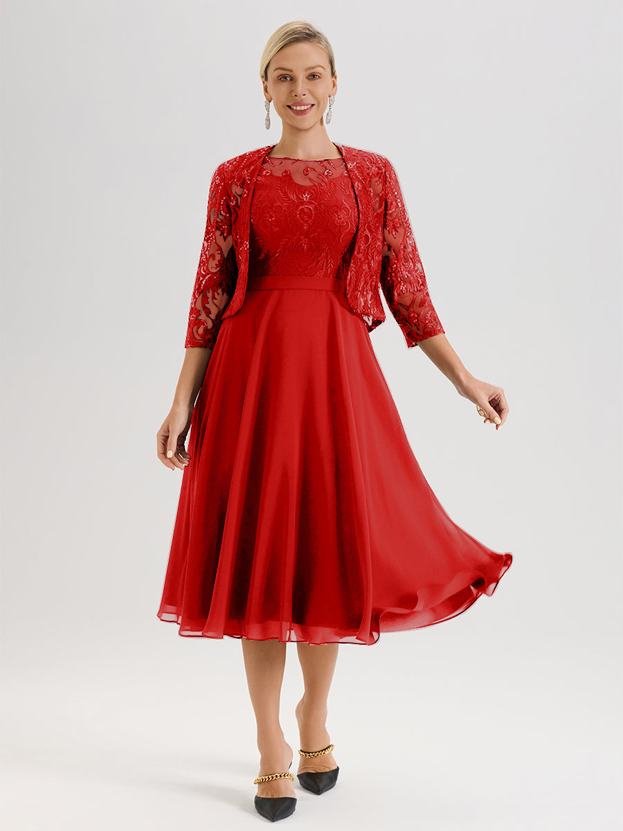 Cicinia Robe Deux-Pièces Mère De La Mariée Rouge Trapèze Mousseline Dentelle Col Rond Manche 3/4 Longueur Mi-Mollet