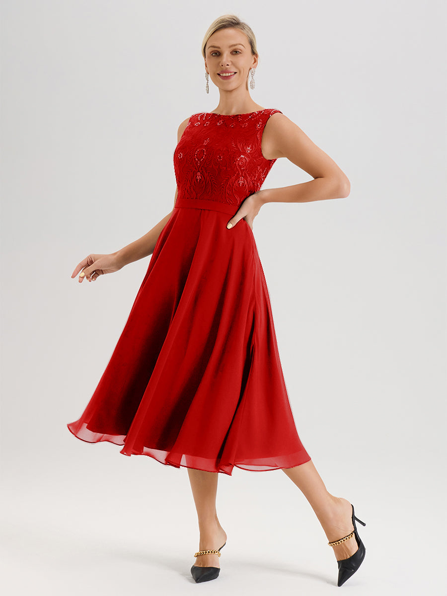 Cicinia Robe Deux-Pièces Mère De La Mariée Rouge Trapèze Mousseline Dentelle Col Rond Manche 3/4 Longueur Mi-Mollet