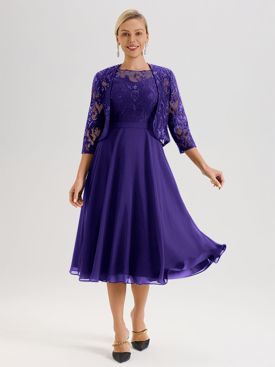 Cicinia Robe Deux-Pièces Mère De La Mariée En Régence Trapèze Mousseline Dentelle Col Rond Manche 3/4 Longueur Mi-Mollet