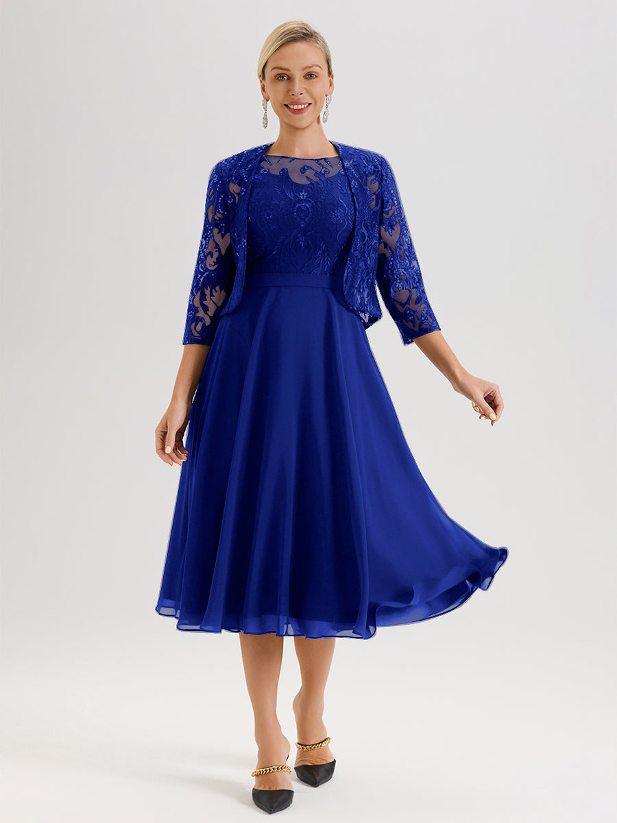 Cicinia Robe Deux-Pièces Mère De La Mariée Bleu Royal Trapèze Mousseline Dentelle Col Rond Manche 3/4 Longueur Mi-Mollet