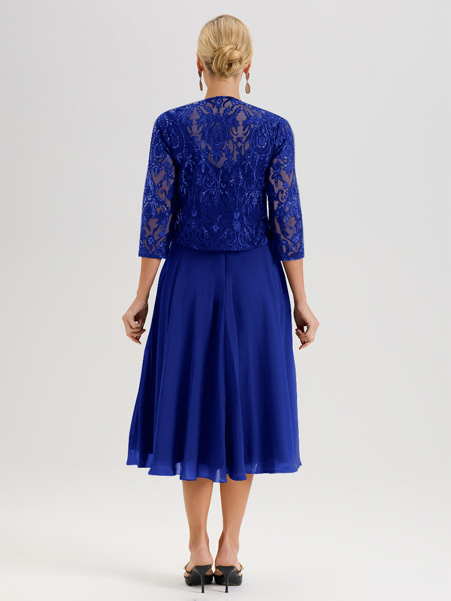 Cicinia Robe Deux-Pièces Mère De La Mariée Bleu Royal Trapèze Mousseline Dentelle Col Rond Manche 3/4 Longueur Mi-Mollet