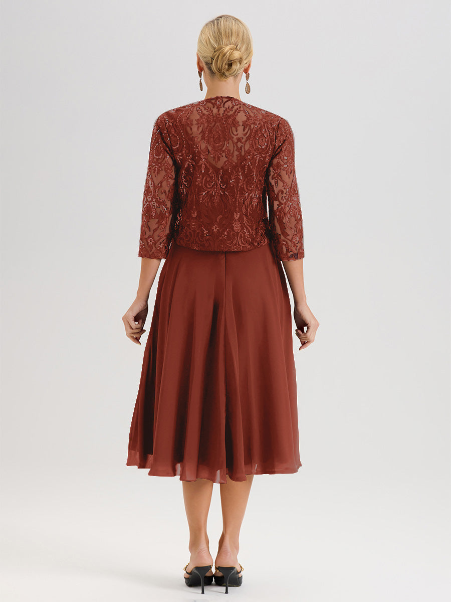 Cicinia Robe Deux-Pièces Mère De La Mariée Rouille Trapèze Mousseline Dentelle Col Rond Manche 3/4 Longueur Mi-Mollet