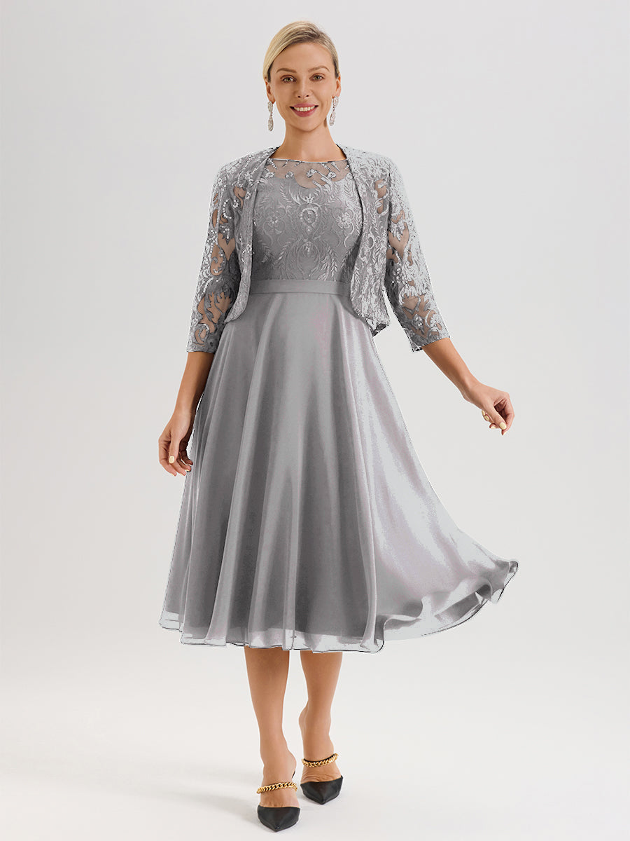 Cicinia Robe Deux-Pièces Mère De La Mariée Argenté Trapèze Mousseline Dentelle Col Rond Manche 3/4 Longueur Mi-Mollet