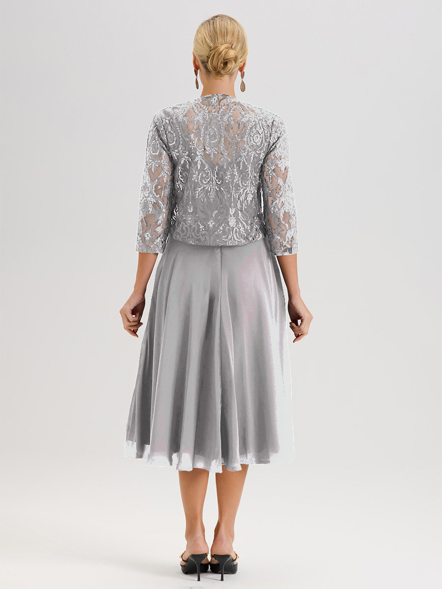 Cicinia Robe Deux-Pièces Mère De La Mariée Argenté Trapèze Mousseline Dentelle Col Rond Manche 3/4 Longueur Mi-Mollet