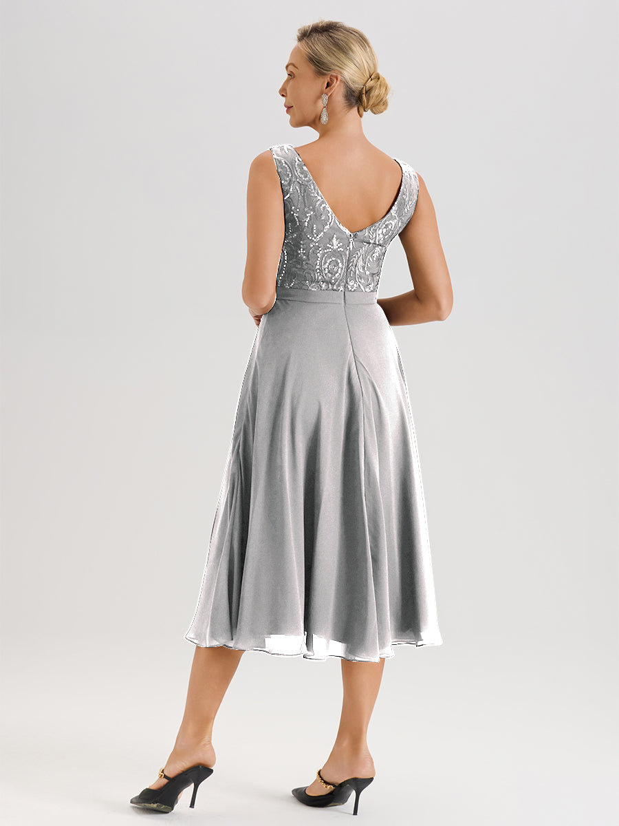 Cicinia Robe Deux-Pièces Mère De La Mariée Argenté Trapèze Mousseline Dentelle Col Rond Manche 3/4 Longueur Mi-Mollet