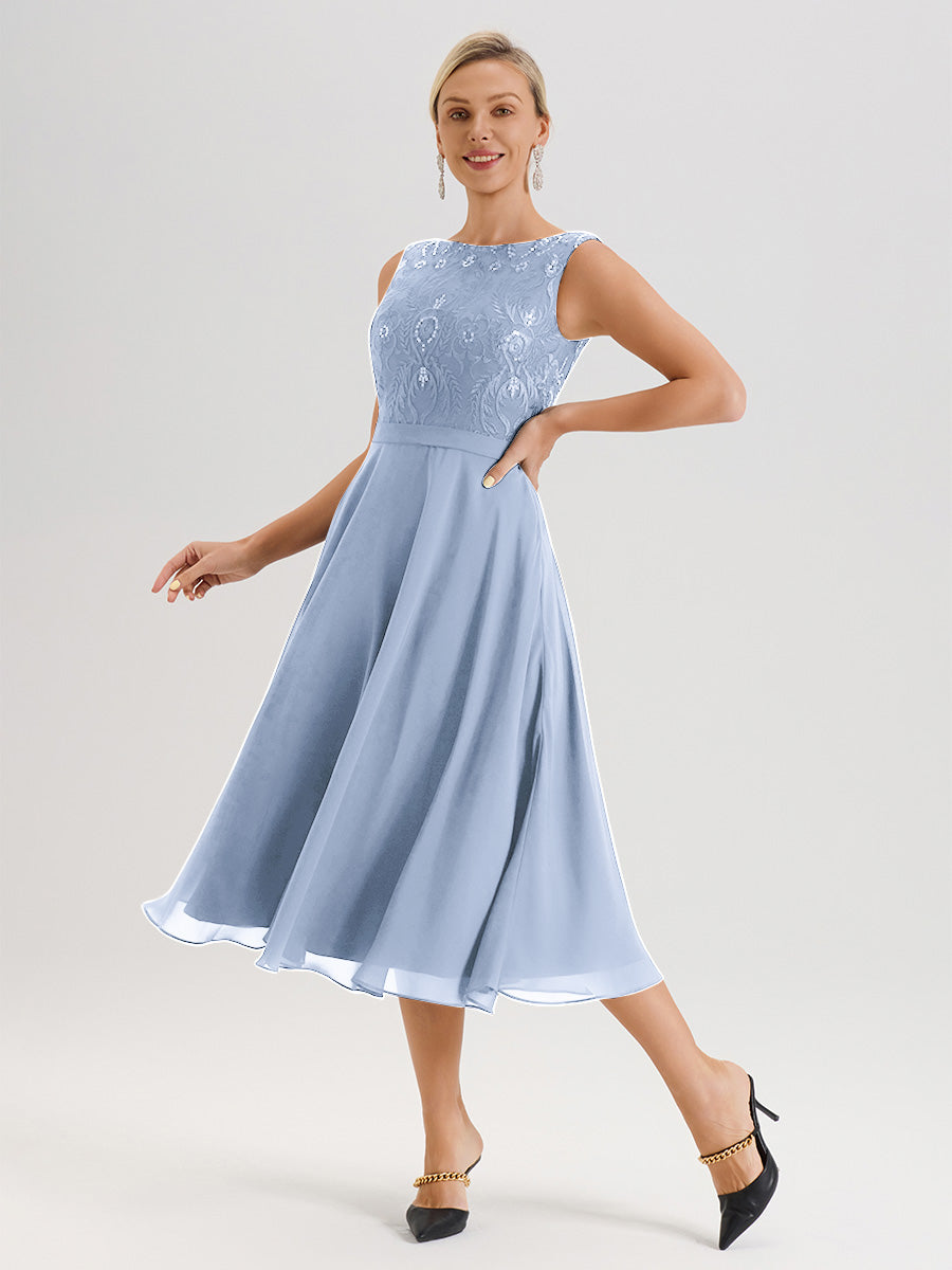 Cicinia Robe Deux-Pièces Mère De La Mariée Bleu Ciel Trapèze Mousseline Dentelle Col Rond Manche 3/4 Longueur Mi-Mollet