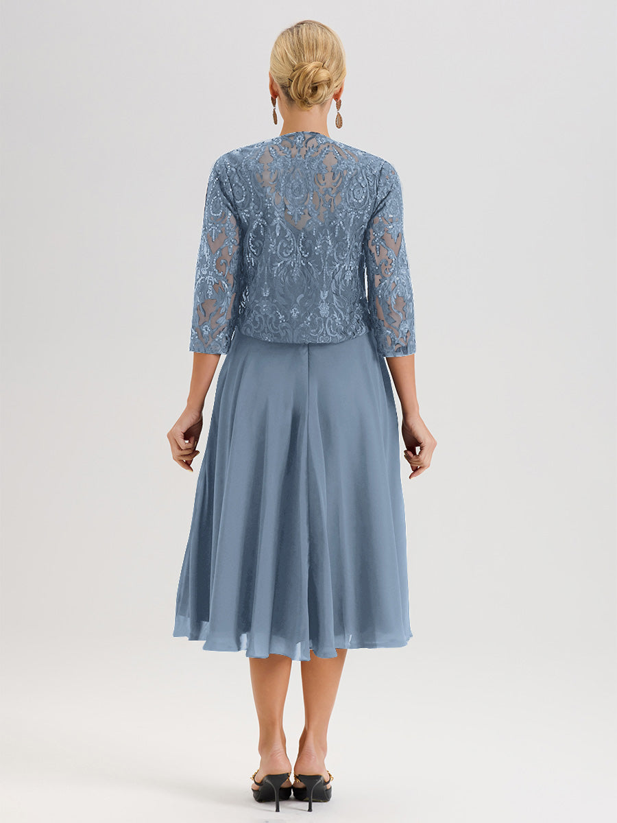 Cicinia Robe Deux-Pièces Mère De La Mariée Bleu De Schiste Trapèze Mousseline Dentelle Col Rond Manche 3/4 Longueur Mi-Mollet